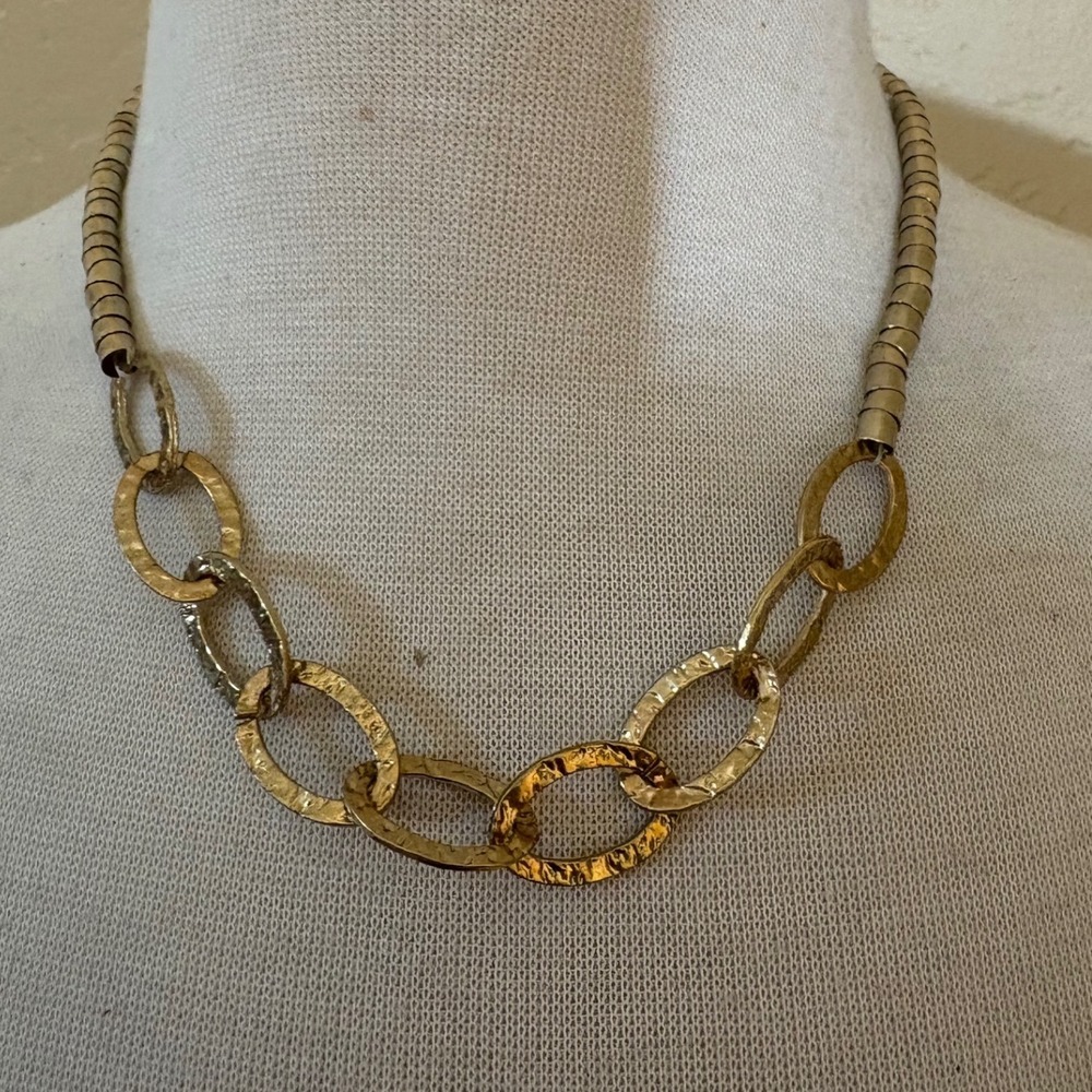 V Logo Gold Tone Hammered Oval Link Segmented Tube Statement Necklace